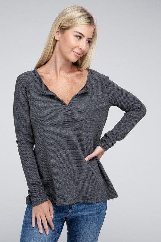 ZENANA Melange Baby Waffle V-Neck Long Sleeve Top, Multiple Colors - SwagglyLife Home & Fashion