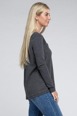 ZENANA Melange Baby Waffle V-Neck Long Sleeve Top, Multiple Colors - SwagglyLife Home & Fashion