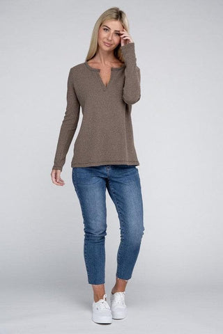 ZENANA Melange Baby Waffle V-Neck Long Sleeve Top, Multiple Colors - SwagglyLife Home & Fashion