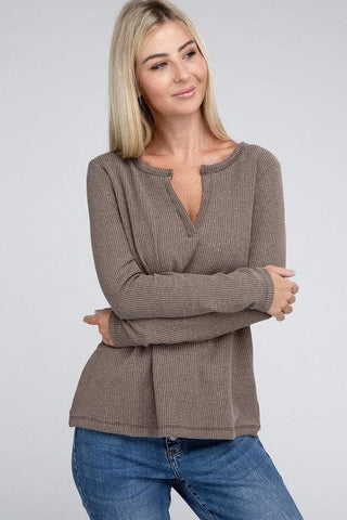 ZENANA Melange Baby Waffle V-Neck Long Sleeve Top, Multiple Colors - SwagglyLife Home & Fashion