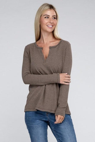 ZENANA Melange Baby Waffle V-Neck Long Sleeve Top, Multiple Colors - SwagglyLife Home & Fashion