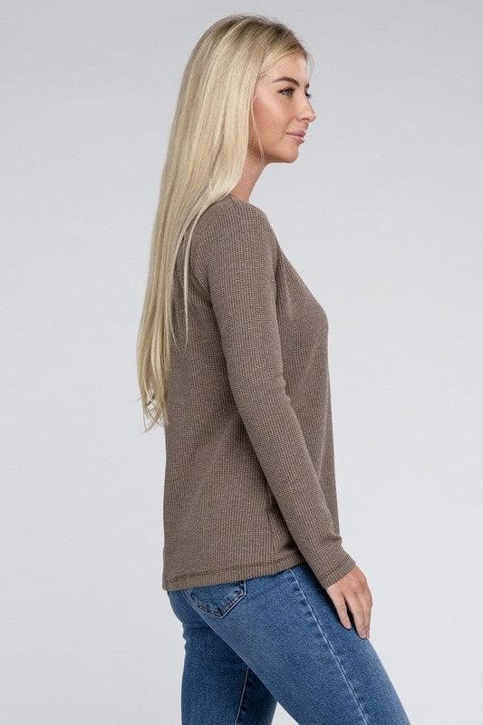 ZENANA Melange Baby Waffle V-Neck Long Sleeve Top, Multiple Colors - SwagglyLife Home & Fashion