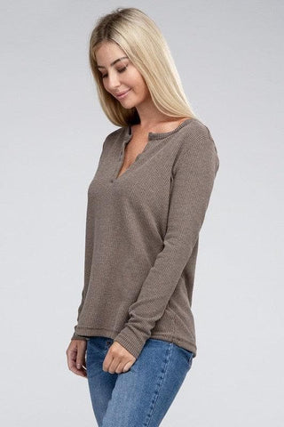 ZENANA Melange Baby Waffle V-Neck Long Sleeve Top, Multiple Colors - SwagglyLife Home & Fashion