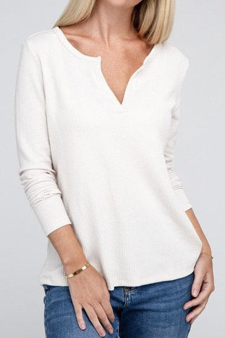 ZENANA Melange Baby Waffle V-Neck Long Sleeve Top, Multiple Colors - SwagglyLife Home & Fashion