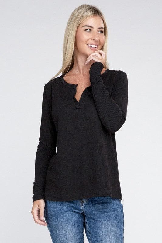 ZENANA Melange Baby Waffle V-Neck Long Sleeve Top, Multiple Colors - SwagglyLife Home & Fashion