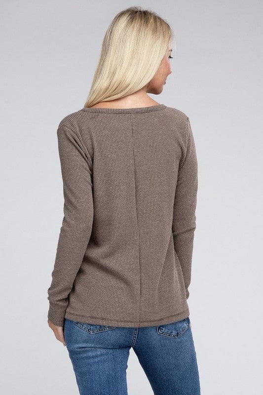 ZENANA Melange Baby Waffle V-Neck Long Sleeve Top, Multiple Colors - SwagglyLife Home & Fashion