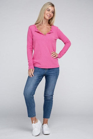 ZENANA Melange Baby Waffle V-Neck Long Sleeve Top, Multiple Colors - SwagglyLife Home & Fashion