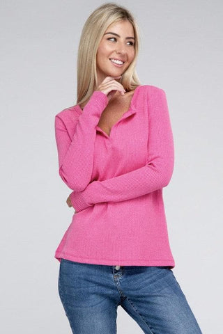 ZENANA Melange Baby Waffle V-Neck Long Sleeve Top, Multiple Colors - SwagglyLife Home & Fashion