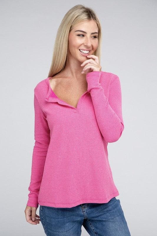 ZENANA Melange Baby Waffle V-Neck Long Sleeve Top, Multiple Colors - SwagglyLife Home & Fashion