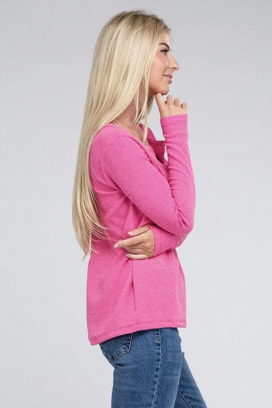 ZENANA Melange Baby Waffle V-Neck Long Sleeve Top, Multiple Colors - SwagglyLife Home & Fashion