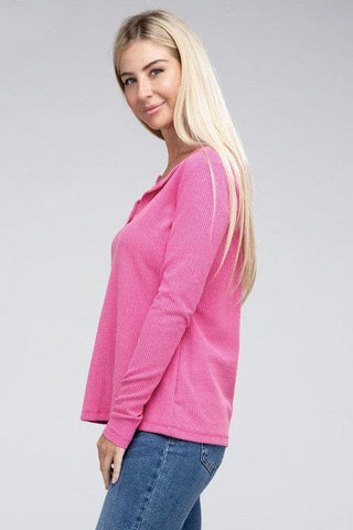 ZENANA Melange Baby Waffle V-Neck Long Sleeve Top, Multiple Colors - SwagglyLife Home & Fashion