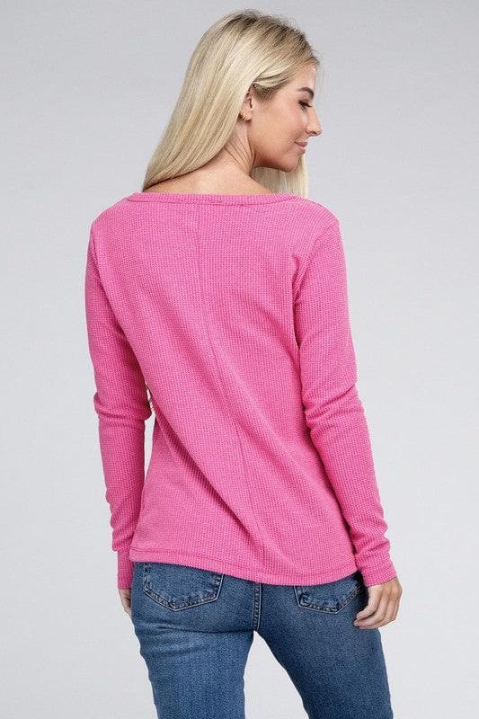 ZENANA Melange Baby Waffle V-Neck Long Sleeve Top, Multiple Colors - SwagglyLife Home & Fashion