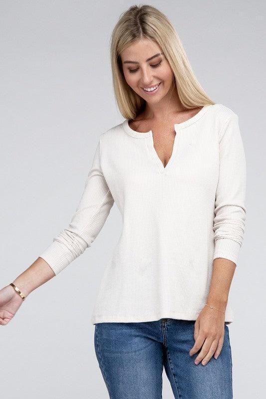 ZENANA Melange Baby Waffle V-Neck Long Sleeve Top, Multiple Colors - SwagglyLife Home & Fashion