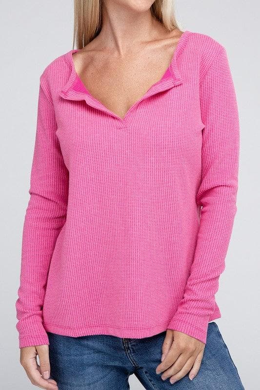 ZENANA Melange Baby Waffle V-Neck Long Sleeve Top, Multiple Colors - SwagglyLife Home & Fashion