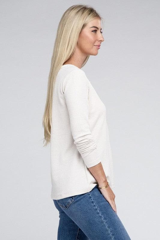 ZENANA Melange Baby Waffle V-Neck Long Sleeve Top, Multiple Colors - SwagglyLife Home & Fashion