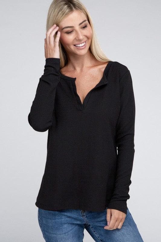 ZENANA Melange Baby Waffle V-Neck Long Sleeve Top, Multiple Colors - SwagglyLife Home & Fashion