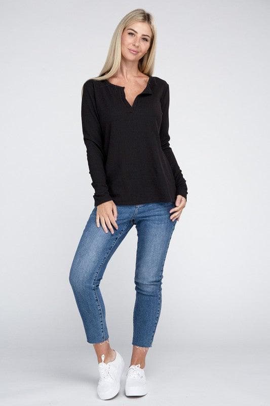 ZENANA Melange Baby Waffle V-Neck Long Sleeve Top, Multiple Colors - SwagglyLife Home & Fashion