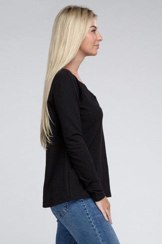 ZENANA Melange Baby Waffle V-Neck Long Sleeve Top, Multiple Colors - SwagglyLife Home & Fashion