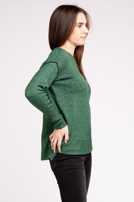 ZENANA Melange Hi-Low Hem Round Neck Sweater - SwagglyLife Home & Fashion