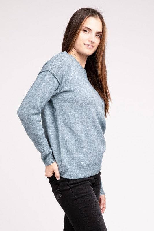 ZENANA Melange Hi-Low Hem Round Neck Sweater - SwagglyLife Home & Fashion