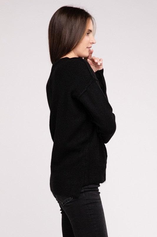 ZENANA Melange Hi-Low Hem Round Neck Sweater - SwagglyLife Home & Fashion