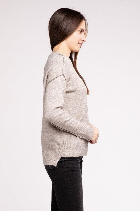 ZENANA Melange Hi-Low Hem Round Neck Sweater - SwagglyLife Home & Fashion