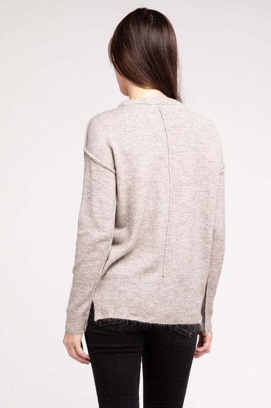 ZENANA Melange Hi-Low Hem Round Neck Sweater - SwagglyLife Home & Fashion