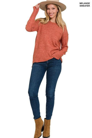 ZENANA Melange Hi-Low Hem Round Neck Sweater - SwagglyLife Home & Fashion