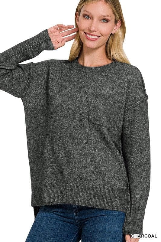 ZENANA Melange Hi-Low Hem Round Neck Sweater - SwagglyLife Home & Fashion