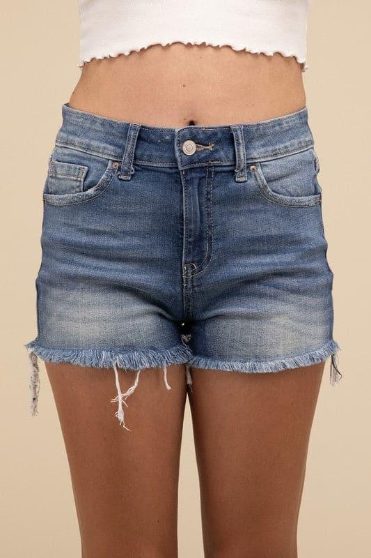 ZENANA Mid Rise Raw Frayed Hem Denim Shorts - SwagglyLife Home & Fashion