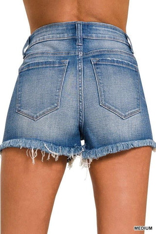 ZENANA Mid Rise Raw Frayed Hem Denim Shorts - SwagglyLife Home & Fashion