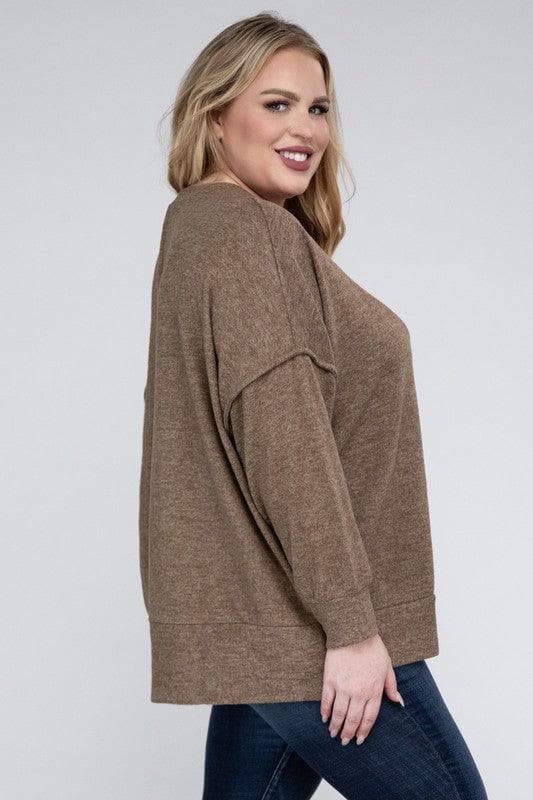 ZENANA Plus Brushed Melange Drop Shoulder Sweater - SwagglyLife Home & Fashion