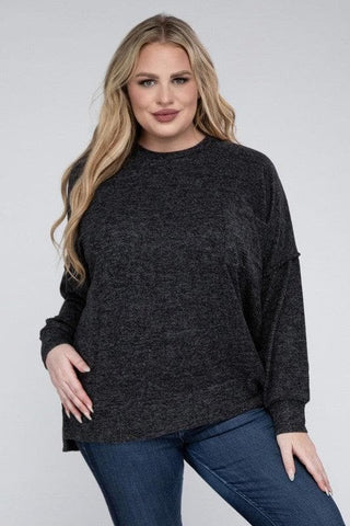 ZENANA Plus Brushed Melange Drop Shoulder Sweater - SwagglyLife Home & Fashion