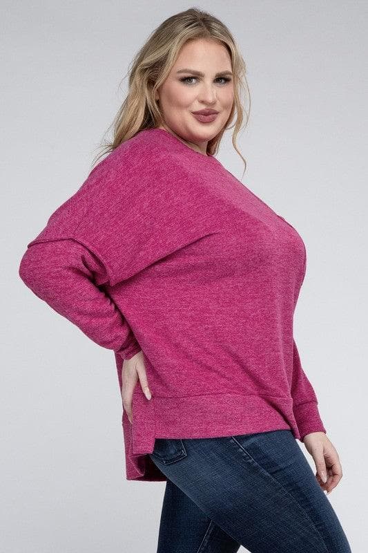 ZENANA Plus Brushed Melange Drop Shoulder Sweater - SwagglyLife Home & Fashion