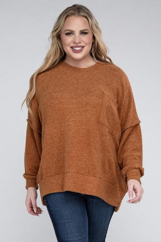 ZENANA Plus Brushed Melange Drop Shoulder Sweater - SwagglyLife Home & Fashion