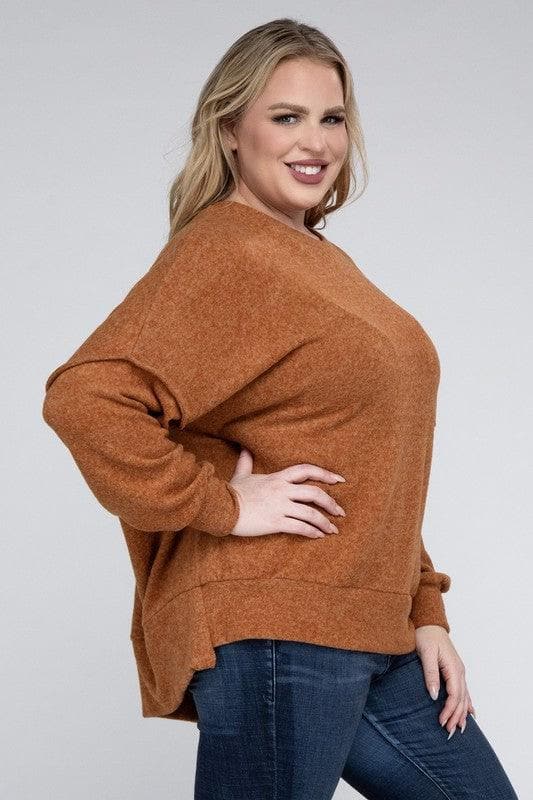 ZENANA Plus Brushed Melange Drop Shoulder Sweater - SwagglyLife Home & Fashion