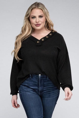 ZENANA Plus Brushed Waffle V-Neck Button Detail Sweater - SwagglyLife Home & Fashion