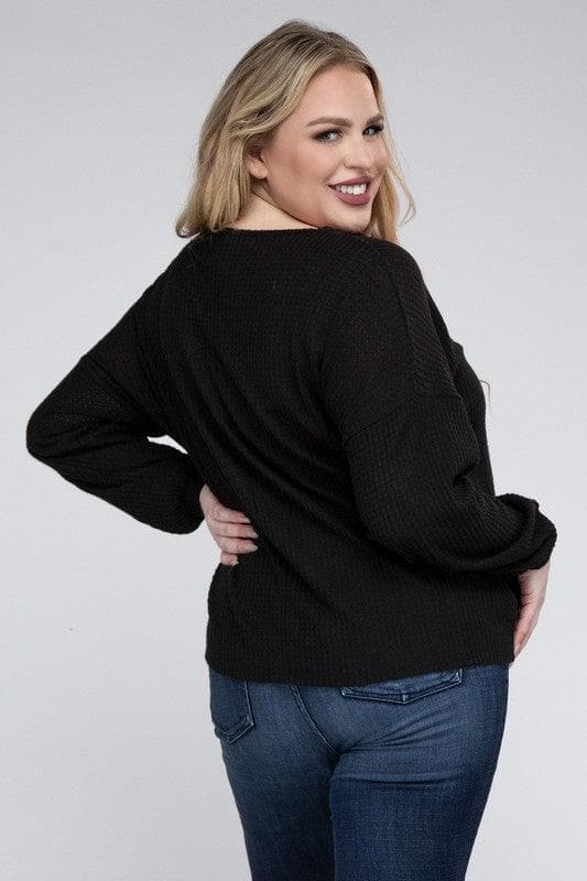 ZENANA Plus Brushed Waffle V-Neck Button Detail Sweater - SwagglyLife Home & Fashion