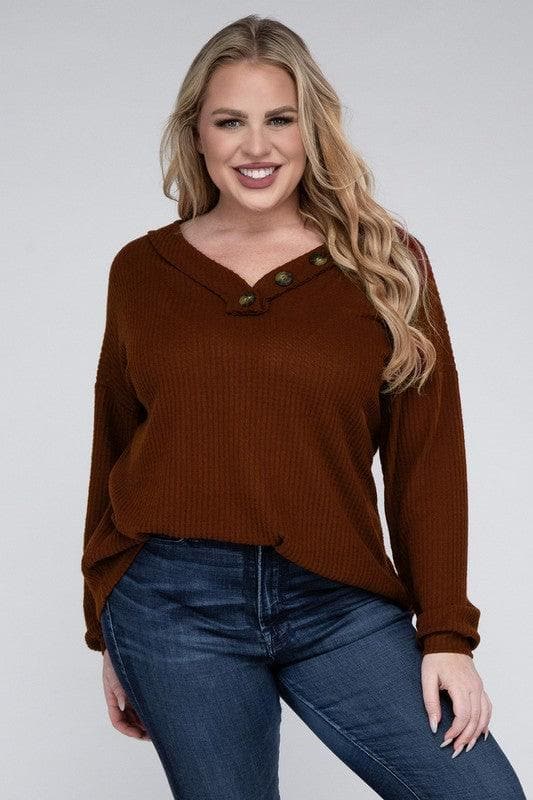 ZENANA Plus Brushed Waffle V-Neck Button Detail Sweater - SwagglyLife Home & Fashion