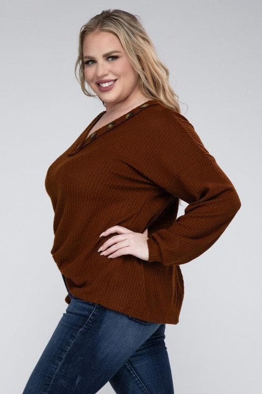 ZENANA Plus Brushed Waffle V-Neck Button Detail Sweater - SwagglyLife Home & Fashion