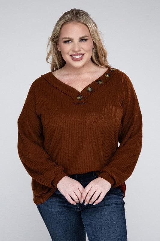 ZENANA Plus Brushed Waffle V-Neck Button Detail Sweater - SwagglyLife Home & Fashion