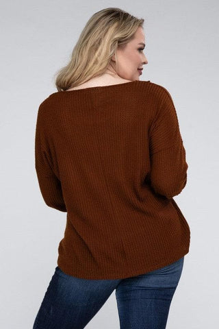 ZENANA Plus Brushed Waffle V-Neck Button Detail Sweater - SwagglyLife Home & Fashion