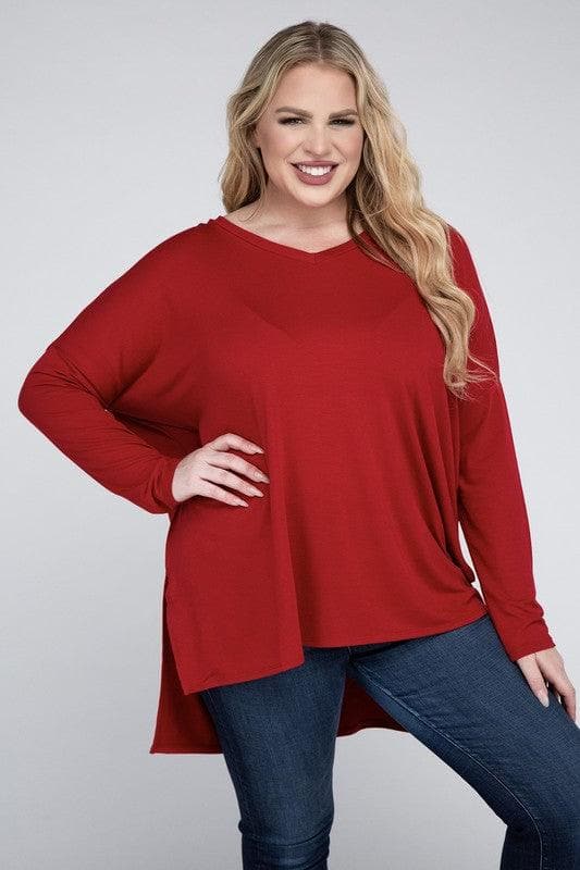 ZENANA Plus Dolman Sleeve V-Neck Side Slit Hi-Low Hem Top - SwagglyLife Home & Fashion