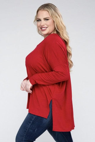 ZENANA Plus Dolman Sleeve V-Neck Side Slit Hi-Low Hem Top - SwagglyLife Home & Fashion