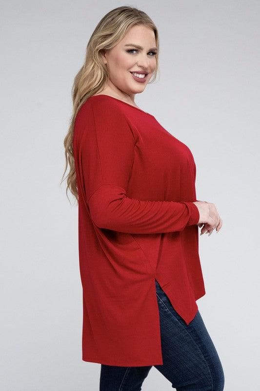 ZENANA Plus Dolman Sleeve V-Neck Side Slit Hi-Low Hem Top - SwagglyLife Home & Fashion