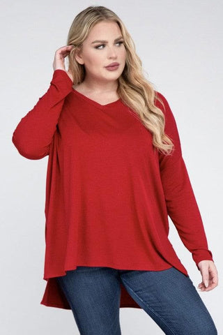 ZENANA Plus Dolman Sleeve V-Neck Side Slit Hi-Low Hem Top - SwagglyLife Home & Fashion