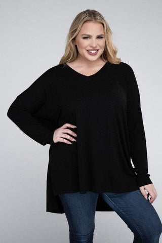 ZENANA Plus Dolman Sleeve V-Neck Side Slit Hi-Low Hem Top - SwagglyLife Home & Fashion