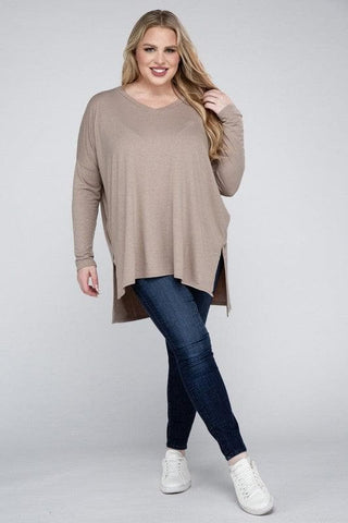 ZENANA Plus Dolman Sleeve V-Neck Side Slit Hi-Low Hem Top - SwagglyLife Home & Fashion