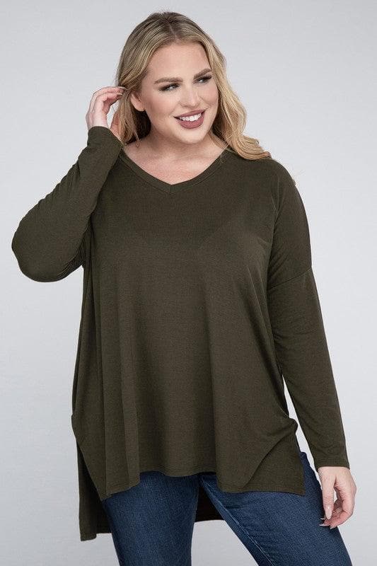 ZENANA Plus Dolman Sleeve V-Neck Side Slit Hi-Low Hem Top - SwagglyLife Home & Fashion