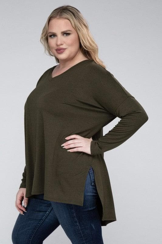 ZENANA Plus Dolman Sleeve V-Neck Side Slit Hi-Low Hem Top - SwagglyLife Home & Fashion